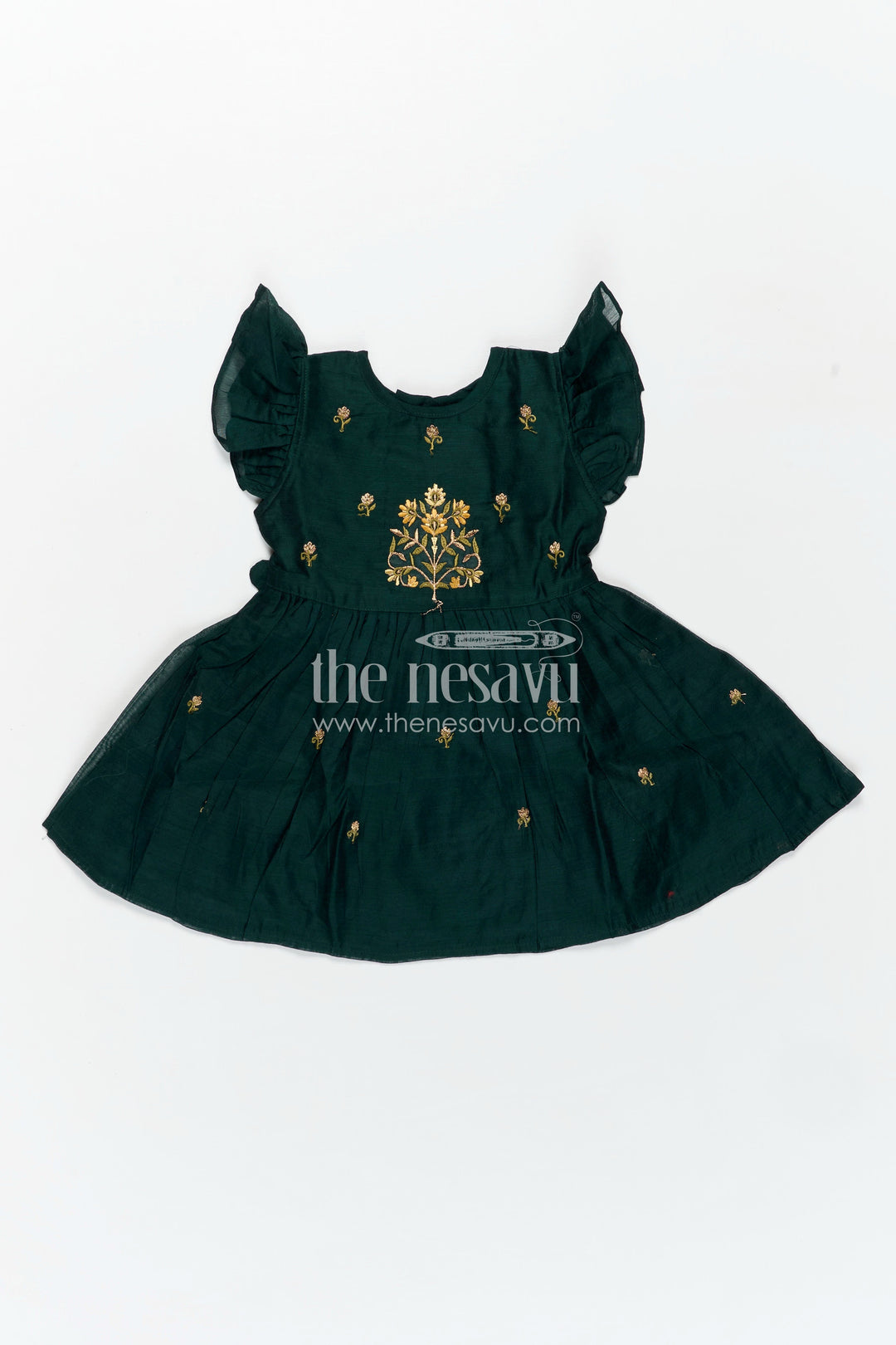 The Nesavu Girls Chanderi Frock Girls Chanderi Cotton New Design Frock with Gold Thread Embroidery and Frilled Sleeves in Deep Green Nesavu Nesavu Girls Chanderi Cotton Frock Floral Thread Embroidery Frilled Sleeves Everyday Elegance