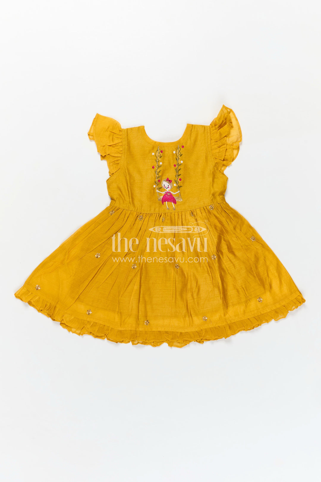 The Nesavu Girls Chanderi Frock Girls Chanderi Cotton Simple Frock Design with Swing Embroidery and Frill Sleeves in Honey Yellow Nesavu Nesavu Girls Chanderi Cotton Honey Yellow Frock Swing Motif Simple Frill Sleeve Design