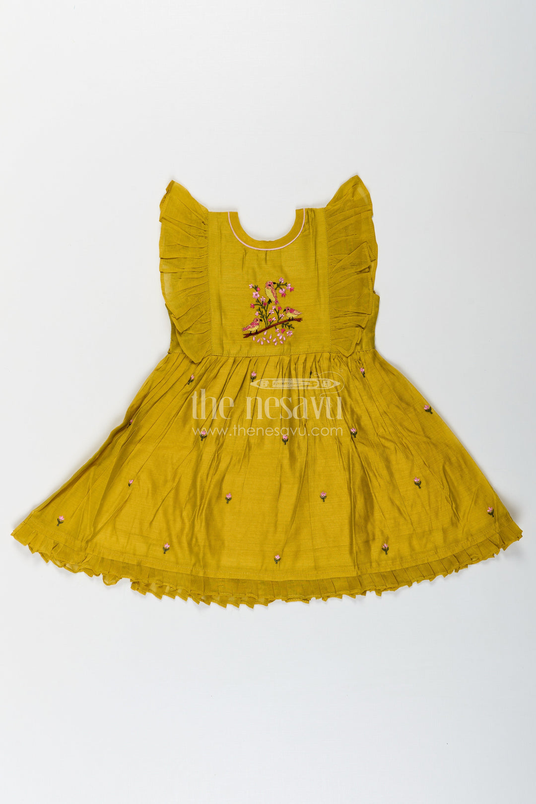 The Nesavu Girls Chanderi Frock Girls Chanderi Daily Wear Frocks in Olive Green with Pleated Sleeves and Floral Embroidery Accents Nesavu Nesavu Girls Daily Wear Frocks Olive Green Chanderi Pleated Sleeves Floral Embroidery