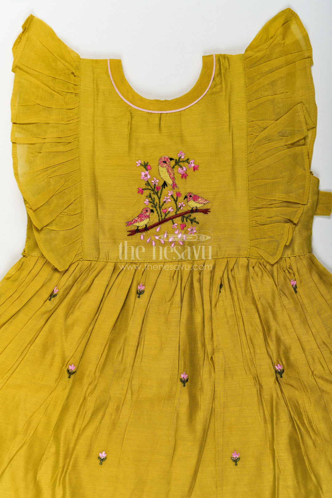 The Nesavu Girls Chanderi Frock Girls Chanderi Daily Wear Frocks in Olive Green with Pleated Sleeves and Floral Embroidery Accents Nesavu Nesavu Girls Daily Wear Frocks Olive Green Chanderi Pleated Sleeves Floral Embroidery