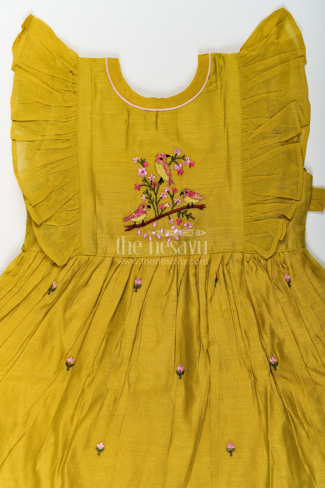 The Nesavu Girls Chanderi Frock Girls Chanderi Daily Wear Frocks in Olive Green with Pleated Sleeves and Floral Embroidery Accents Nesavu Nesavu Girls Daily Wear Frocks Olive Green Chanderi Pleated Sleeves Floral Embroidery