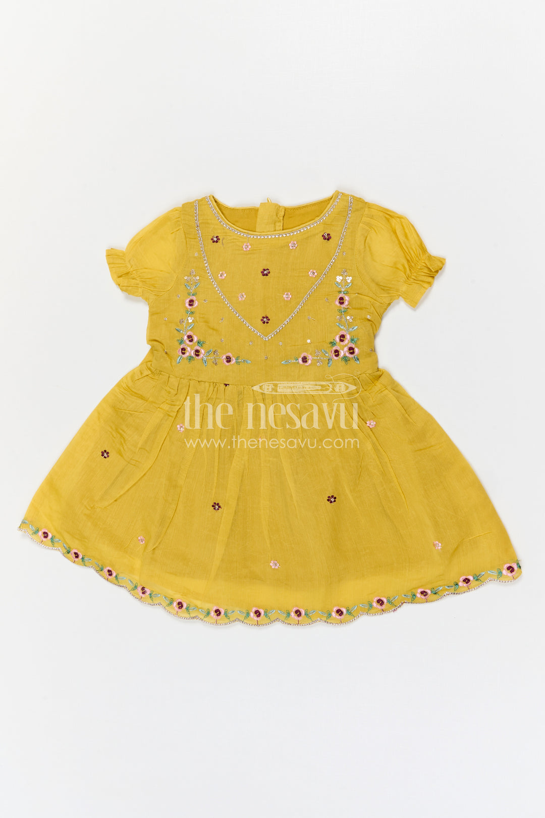The Nesavu Girls Chanderi Frock Girls Chanderi Frock for Festive Celebrations and Family Gatherings Nesavu Nesavu Girls Chanderi Cotton Embroidered Frock For Festive Celebrations And Weddings