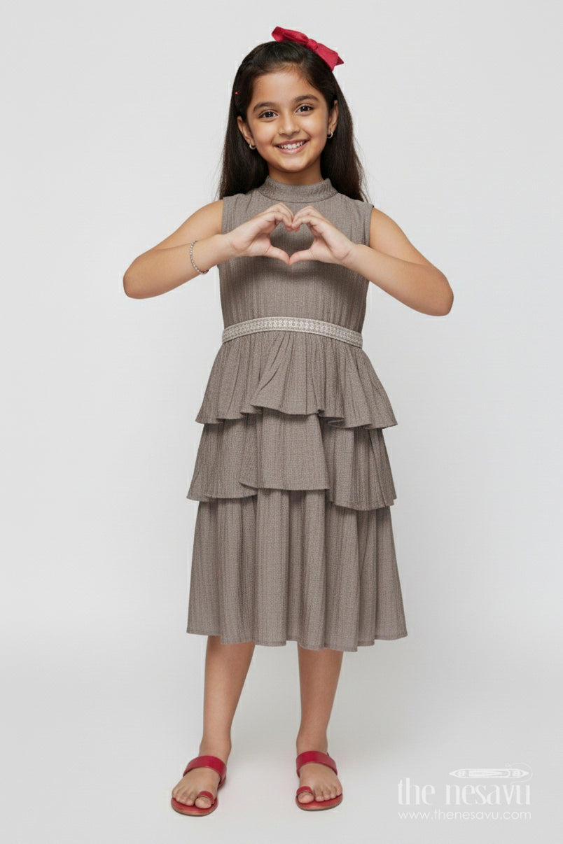 The Nesavu Girls Chanderi Frock Girls Chanderi Frock for School Functions and Festive Celebrations Nesavu 18 (2Y) / Gray GFC2011C-18 Nesavu girls grey chanderi frock ethnic school days festive functions cultural dressing