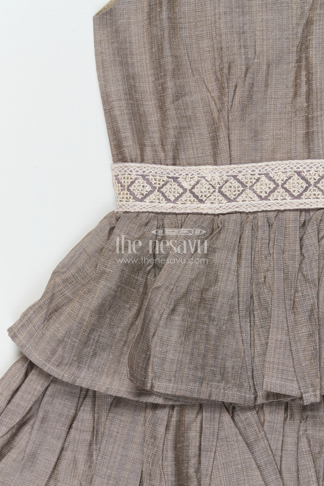 The Nesavu Girls Chanderi Frock Girls Chanderi Frock for School Functions and Festive Celebrations Nesavu Nesavu girls grey chanderi frock ethnic school days festive functions cultural dressing