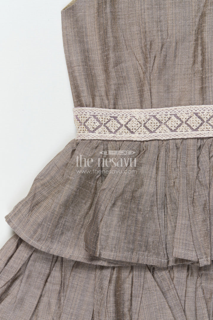 The Nesavu Girls Chanderi Frock Girls Chanderi Frock for School Functions and Festive Celebrations Nesavu Nesavu girls grey chanderi frock ethnic school days festive functions cultural dressing