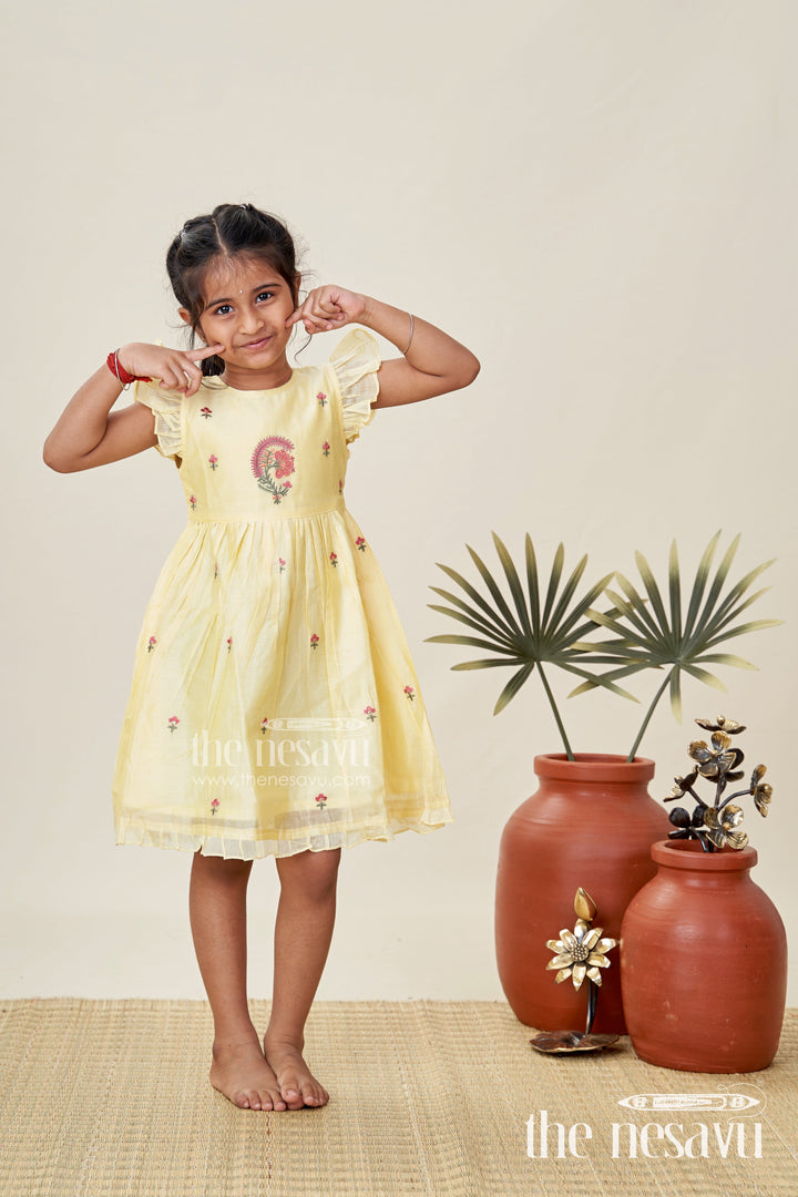 The Nesavu Girls Chanderi Frock Girls Chanderi Frock in Vibrant Colors with Thread Embroidery for Festive Moments Nesavu 16 (1Y) / Yellow GFC1839A-16 Nesavu Yellow Chanderi Cotton Girls Frock Floral Embroidery Ruffled Sleeves Traditional Wear