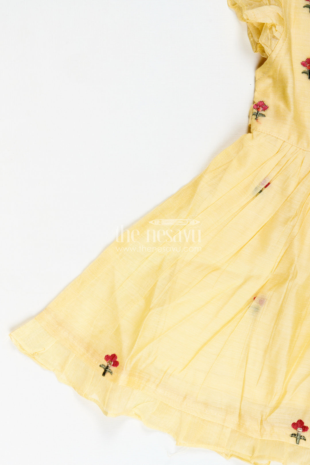The Nesavu Girls Chanderi Frock Girls Chanderi Frock in Vibrant Colors with Thread Embroidery for Festive Moments Nesavu Nesavu Yellow Chanderi Cotton Girls Frock Floral Embroidery Ruffled Sleeves Traditional Wear