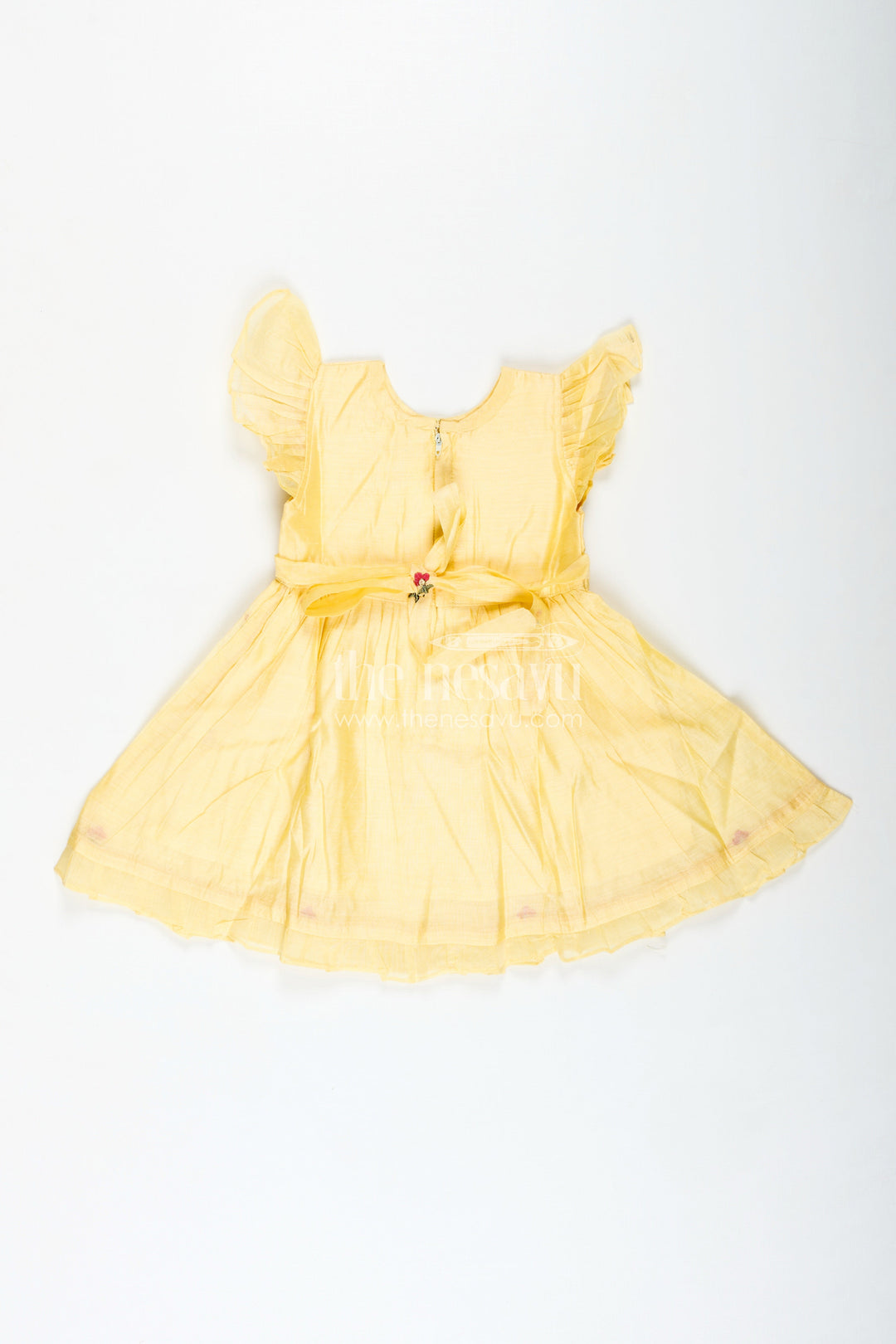 The Nesavu Girls Chanderi Frock Girls Chanderi Frock in Vibrant Colors with Thread Embroidery for Festive Moments Nesavu Nesavu Yellow Chanderi Cotton Girls Frock Floral Embroidery Ruffled Sleeves Traditional Wear