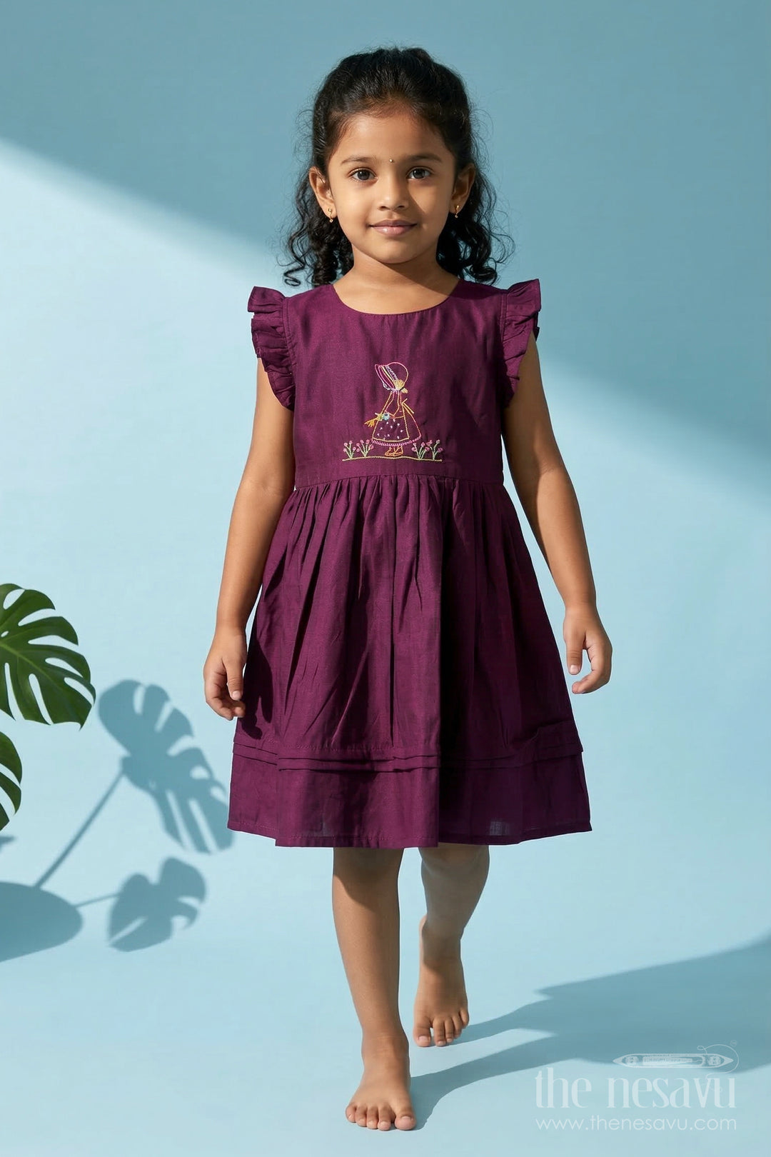 The Nesavu Girls Chanderi Frock Girls Chanderi Frock with Embroidery for Weddings and Festive Occasions Nesavu 20 (3Y) / Purple / Chanderi GFC2108A-20 Nesavu girls Chanderi cotton frock with thread embroidery for weddings and ethnic celebrations