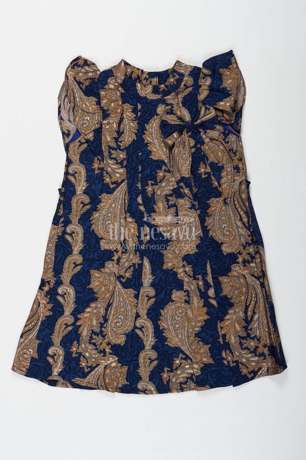 The Nesavu Girls Chanderi Frock Girls Chanderi Frock with Gold and Navy Baroque Designs Perfect for Ethnic Summer Wear for Toddlers and Kids Nesavu 18 (2Y) / Blue GFC1687A-18 Nesavu Girls Blue Chanderi Frock Gold Baroque Design Ethnic Summer Wear Perfect Kids