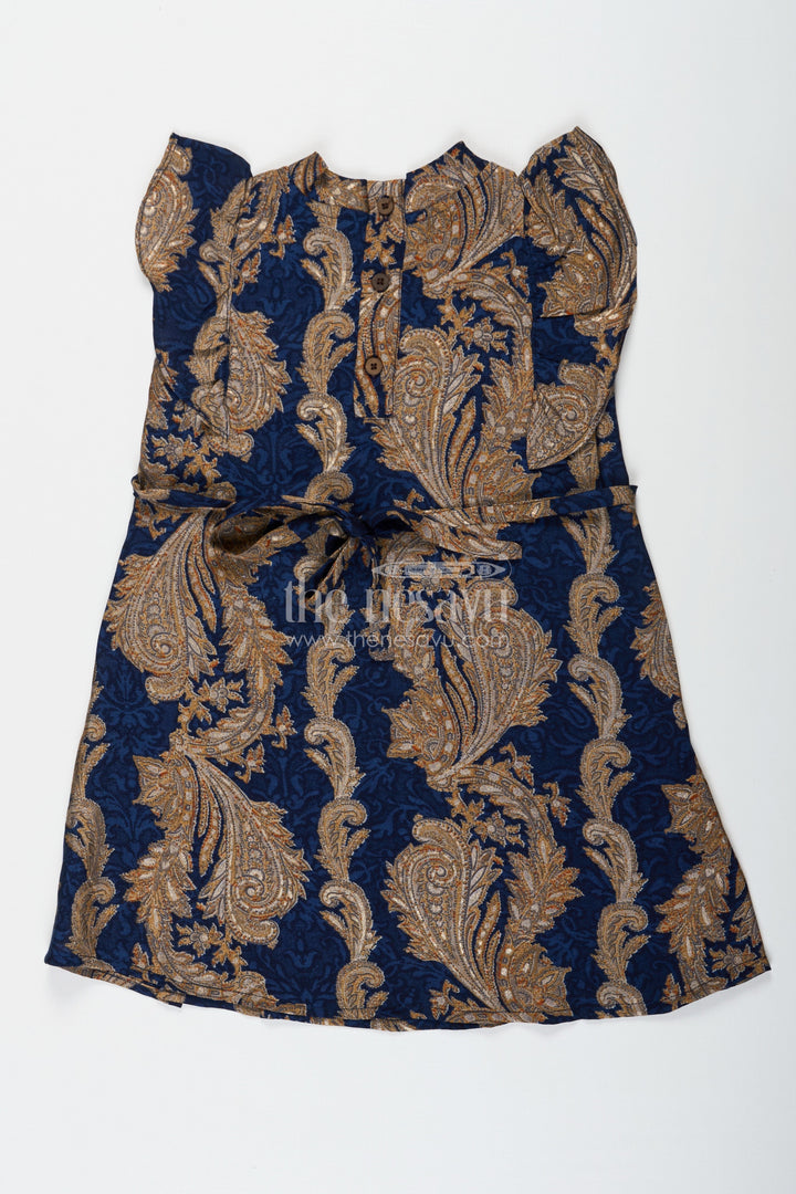 The Nesavu Girls Chanderi Frock Girls Chanderi Frock with Gold and Navy Baroque Designs Perfect for Ethnic Summer Wear for Toddlers and Kids Nesavu Nesavu Girls Blue Chanderi Frock Gold Baroque Design Ethnic Summer Wear Perfect Kids