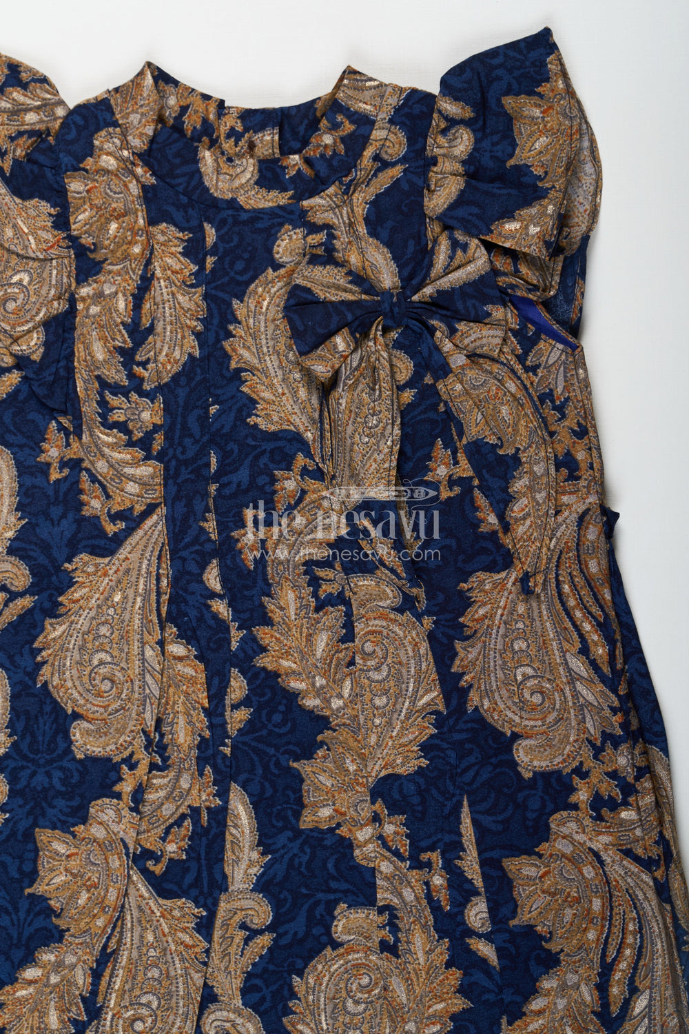 The Nesavu Girls Chanderi Frock Girls Chanderi Frock with Gold and Navy Baroque Designs Perfect for Ethnic Summer Wear for Toddlers and Kids Nesavu Nesavu Girls Blue Chanderi Frock Gold Baroque Design Ethnic Summer Wear Perfect Kids