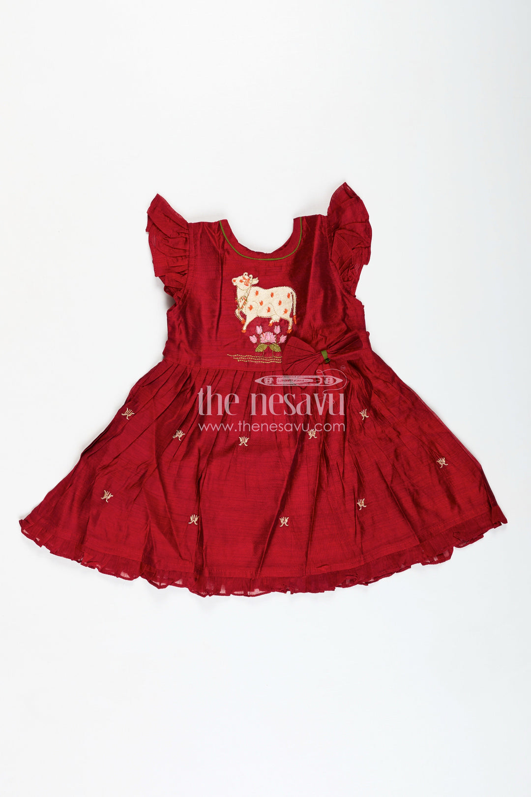 The Nesavu Girls Chanderi Frock Girls Chanderi Frock with Thread Work Traditional Outfit Nesavu Nesavu Maroon Chanderi Kids Frock Thread Embroidery Flared Traditional Festive Look