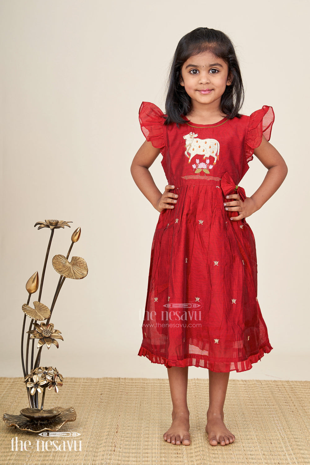 The Nesavu Girls Chanderi Frock Girls Chanderi Frock With Thread Work Traditional Outfit Nesavu Nesavu Maroon Chanderi Kids Frock Thread Embroidery Flared Traditional Festive Look