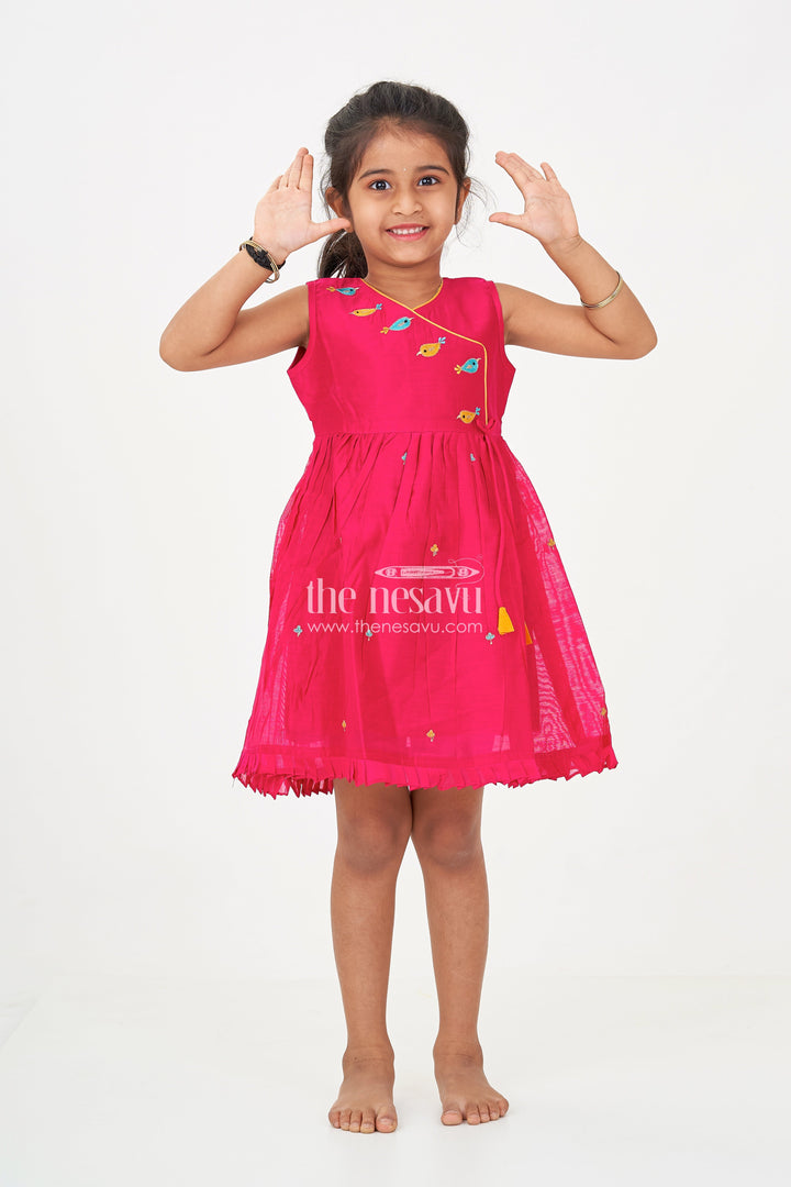 The Nesavu Girls Chanderi Frock Girls Chanderi Red Long Frock with Embroidered Bird Motifs and Flared Skirt for Traditional Charm Nesavu 16 (1Y) / Red GFC1723A-16 Nesavu Girls Red Long Frock Chanderi Fabric Colorful Bird Embroidery Pleated Skirt
