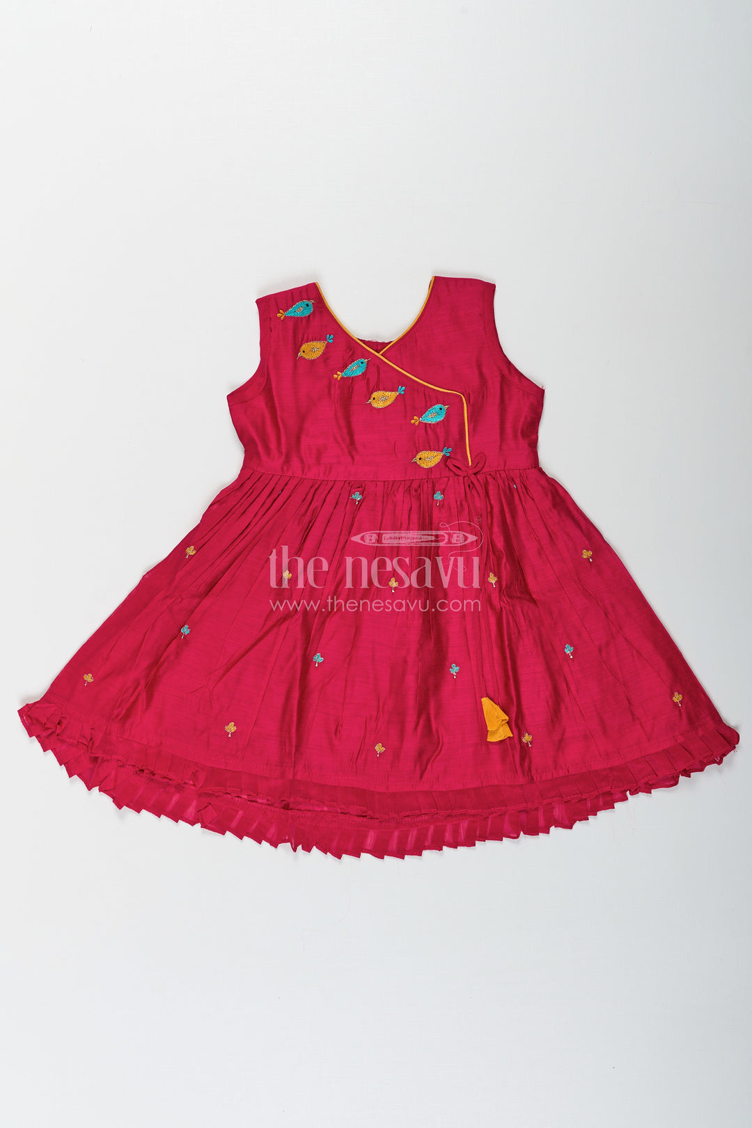 The Nesavu Girls Chanderi Frock Girls Chanderi Red Long Frock with Embroidered Bird Motifs and Flared Skirt for Traditional Charm Nesavu Nesavu Girls Red Long Frock Chanderi Fabric Colorful Bird Embroidery Pleated Skirt