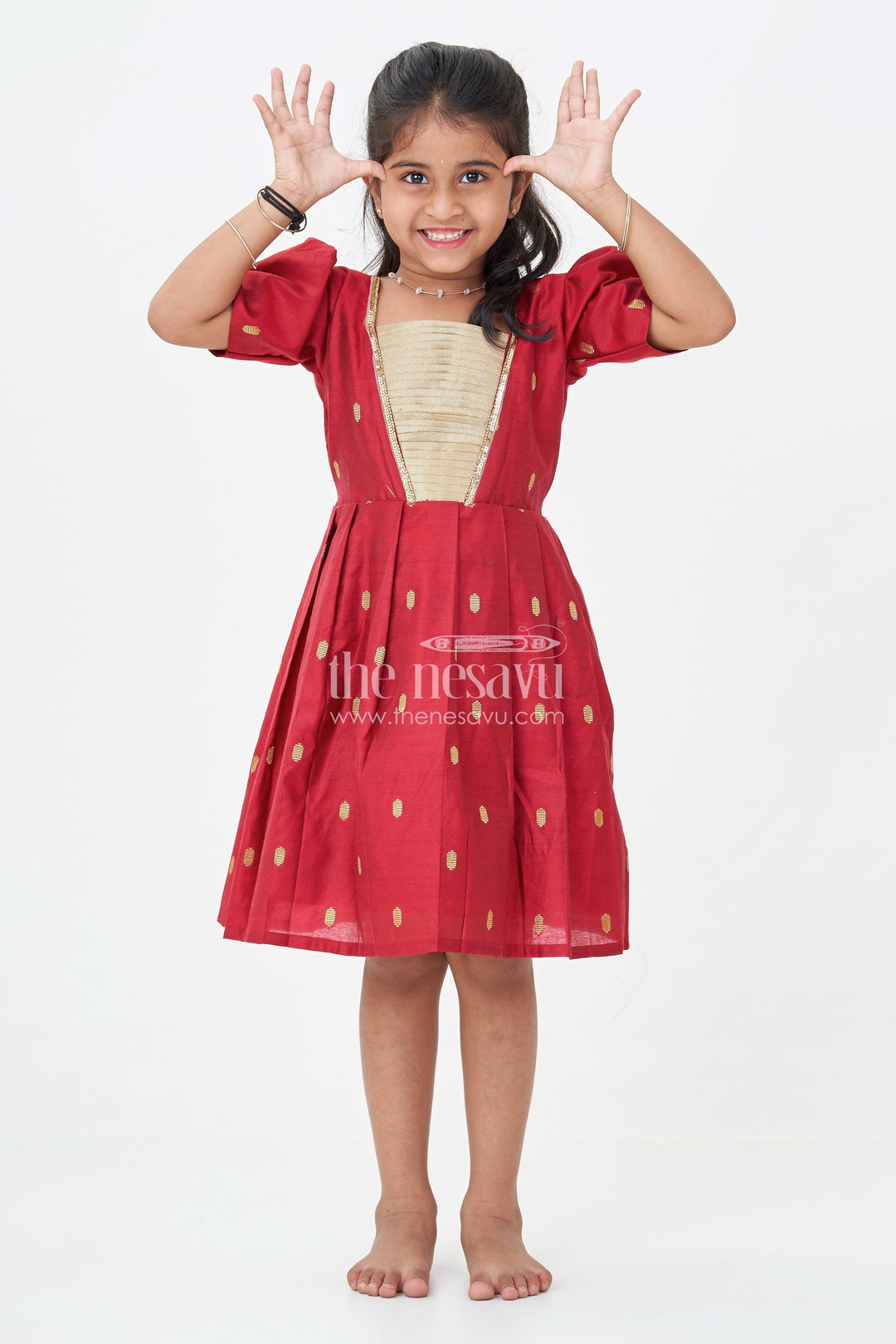 The Nesavu Silk Frock Girls Chanderi Silk Frock Suit Design in Deep Maroon with Tissue Yoke and Golden Motif Detailing Nesavu 18 (2Y) / Red SF1023A-18 Nesavu Girls Silk Frock Suit Design Maroon Chanderi Golden Tissue Yoke Festive Motifs