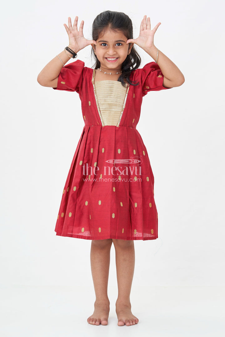 The Nesavu Silk Frock Girls Chanderi Silk Frock Suit Design in Deep Maroon with Tissue Yoke and Golden Motif Detailing Nesavu 18 (2Y) / Red SF1023A-18 Nesavu Girls Silk Frock Suit Design Maroon Chanderi Golden Tissue Yoke Festive Motifs