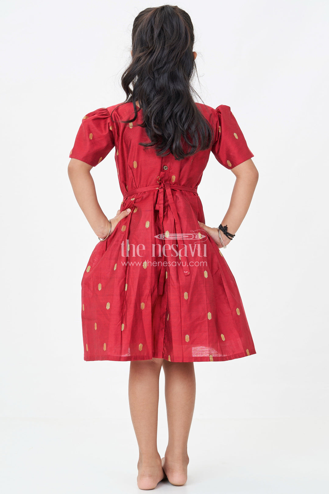 The Nesavu Silk Frock Girls Chanderi Silk Frock Suit Design in Deep Maroon with Tissue Yoke and Golden Motif Detailing Nesavu Nesavu Girls Silk Frock Suit Design Maroon Chanderi Golden Tissue Yoke Festive Motifs