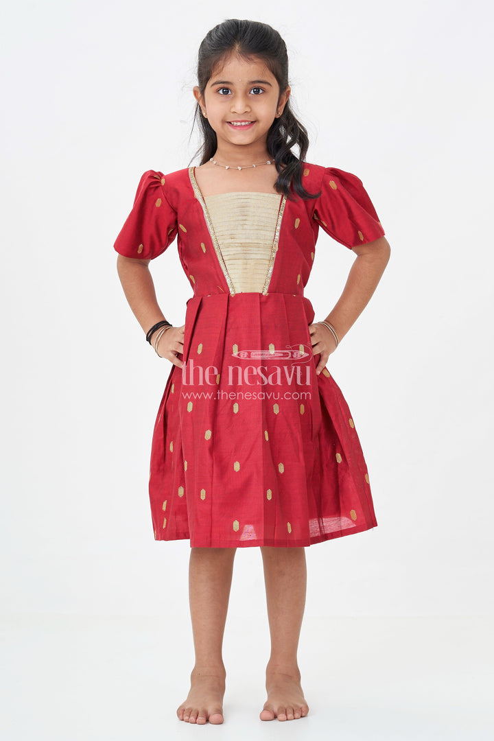 The Nesavu Silk Frock Girls Chanderi Silk Frock Suit Design in Deep Maroon with Tissue Yoke and Golden Motif Detailing Nesavu Nesavu Girls Silk Frock Suit Design Maroon Chanderi Golden Tissue Yoke Festive Motifs