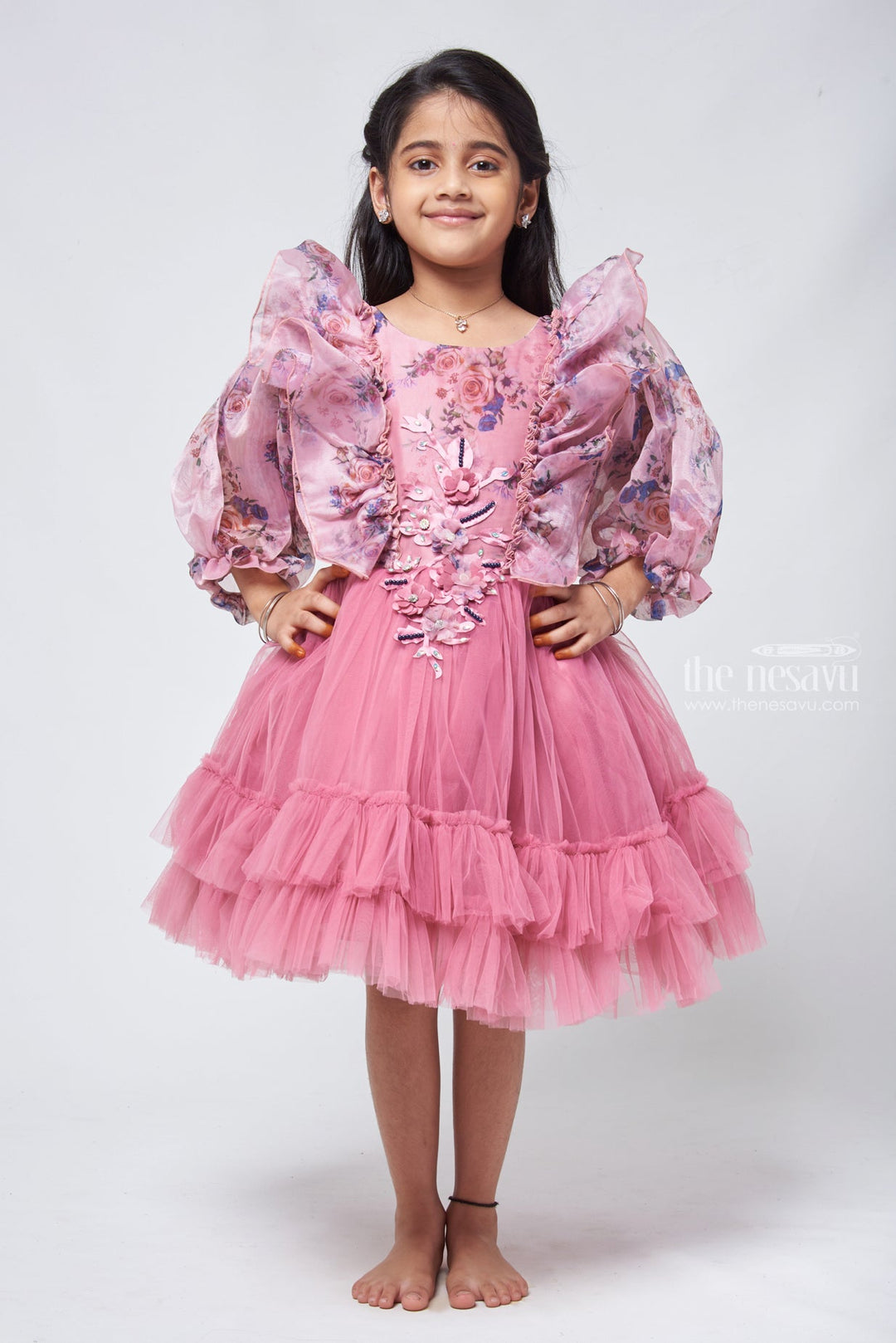 The Nesavu Girls Tutu Frock Girls Chic Frock Perfect for Special Occasions and Celebrations Nesavu 16 (1Y) / Pink / Organza Printed PF127A-16 Fancy Dress For 3 Years Birthday | Party Dresses For Little Girls | The Nesavu