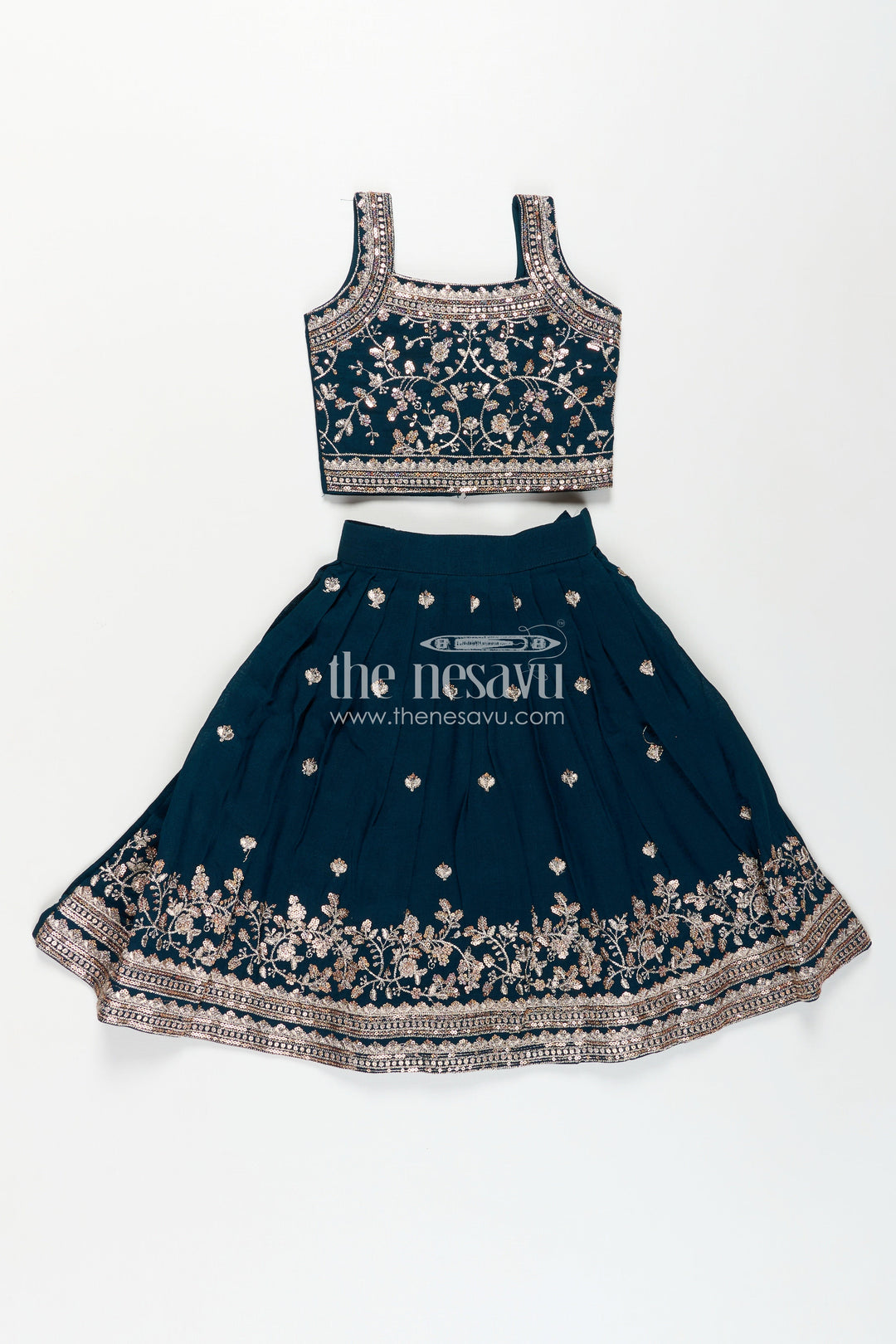 The Nesavu Girls Lehenga Choli Girls Chinon Silk Dresses for Wedding Function in Deep Green with Embroidered Blouse and Flared Lehenga Nesavu Girls Dresses Wedding Function Green Chinon Silk Lehenga Choli Heavy Embroidery | The Nesavu