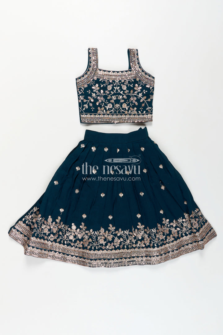 The Nesavu Girls Lehenga Choli Girls Chinon Silk Dresses for Wedding Function in Deep Green with Embroidered Blouse and Flared Lehenga Nesavu Girls Dresses Wedding Function Green Chinon Silk Lehenga Choli Heavy Embroidery | The Nesavu