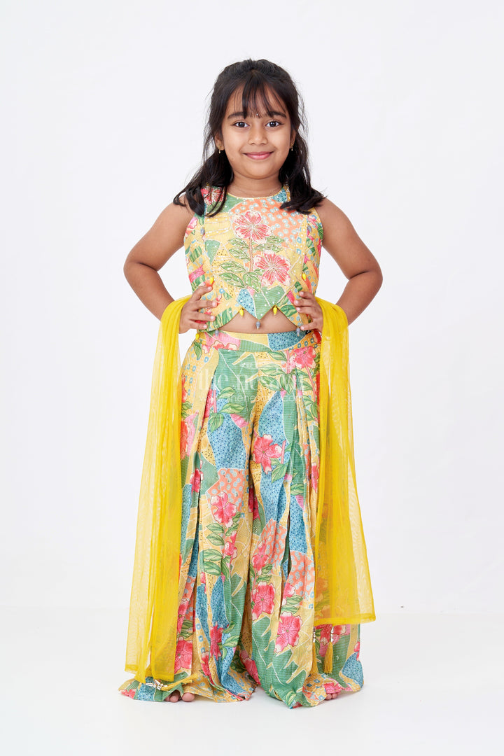 The Nesavu Girls Sharara / Plazo Set Girls Choli Plazo Suit with Floral Digital Print and Embellished Blouse for a Festive Look Nesavu Nesavu Girls Choli Plazo Suit Floral Digital Print Embroidered Blouse