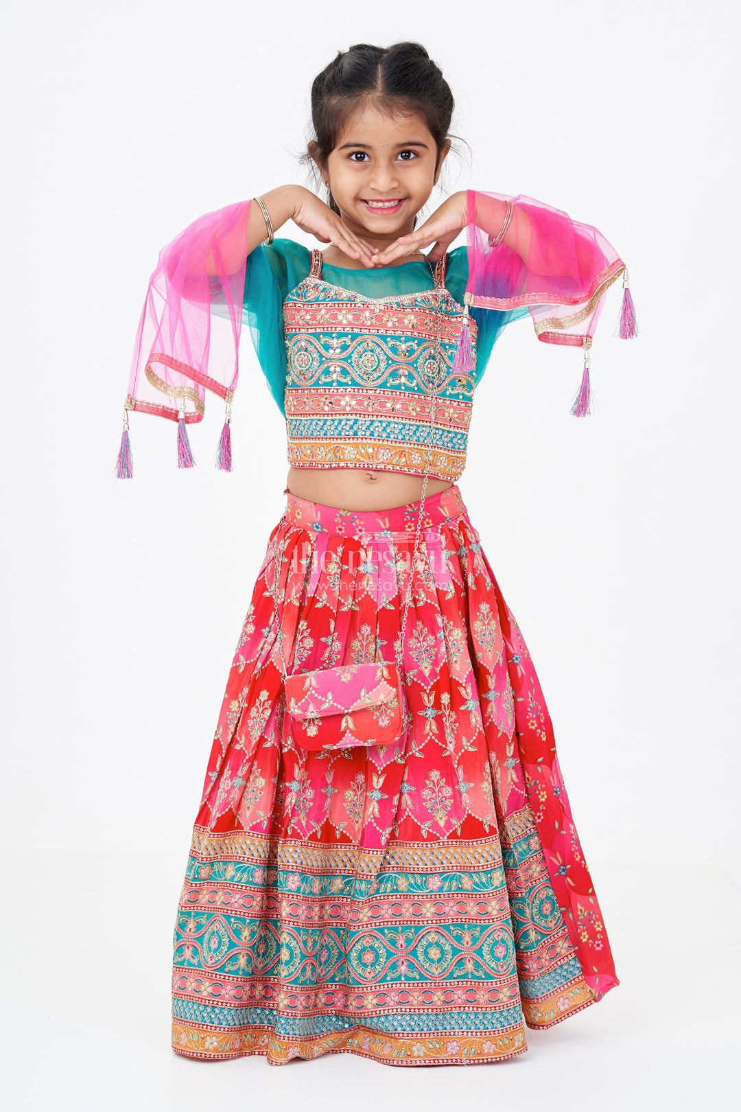 The Nesavu Girls Lehenga Choli Girls Choli with Placement Print and Embroidery Featuring a Flared Lehenga for Special Occasions Nesavu 18 (2Y) / Multicolor GL555A-18 Nesavu Girls Choli Placement Print Embroidery Paired Flared Lehenga Weddings
