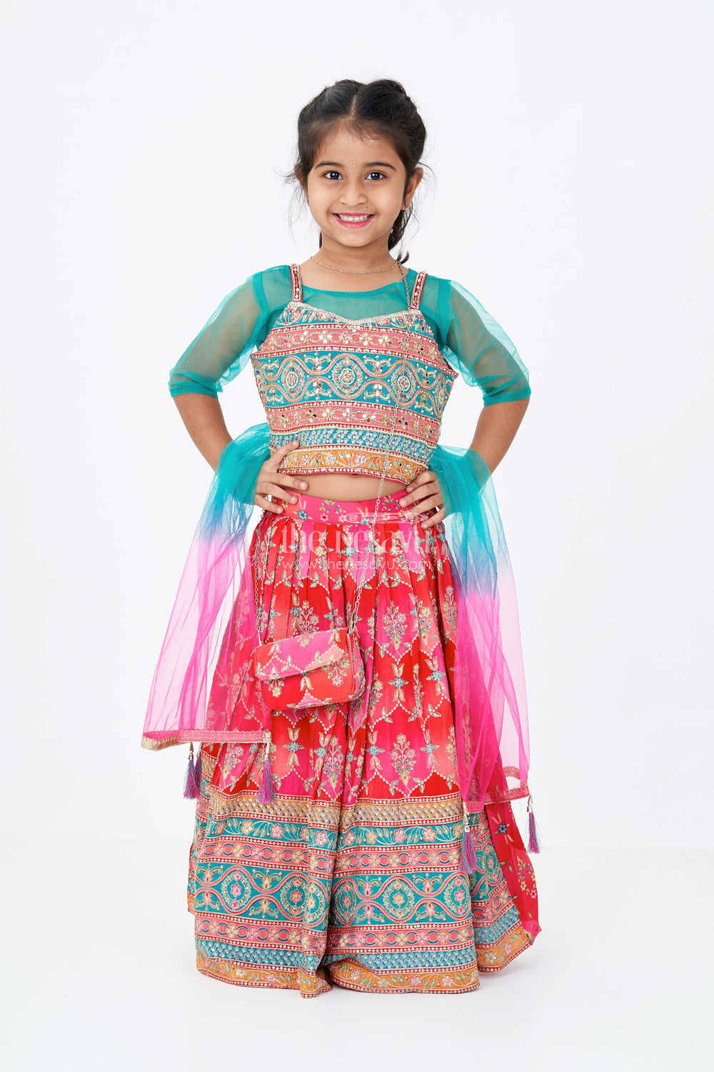 The Nesavu Girls Lehenga Choli Girls Choli with Placement Print and Embroidery Featuring a Flared Lehenga for Special Occasions Nesavu Nesavu Girls Choli Placement Print Embroidery Paired Flared Lehenga Weddings