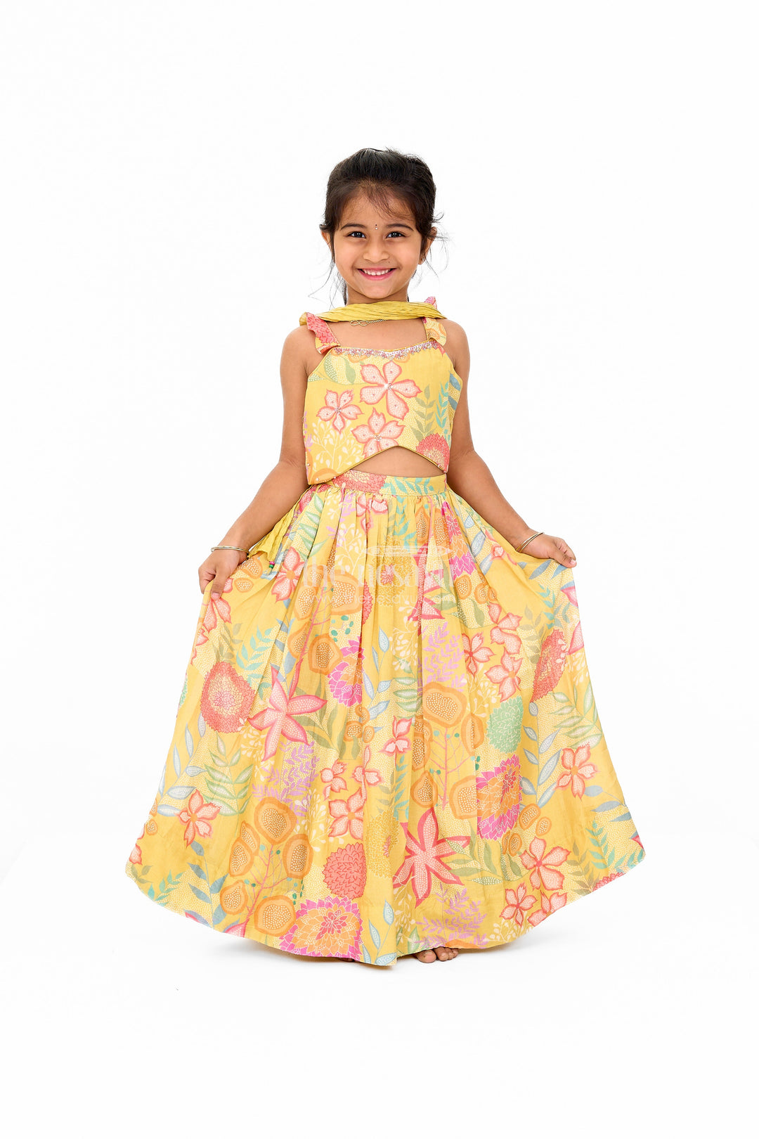 The Nesavu Girls Lehenga Choli Girls Christmas Dress in Yellow Floral Muslin Silk Lehenga Choli Nesavu Nesavu Girls Yellow Christmas Dress Floral Muslin Silk Lehenga Choli