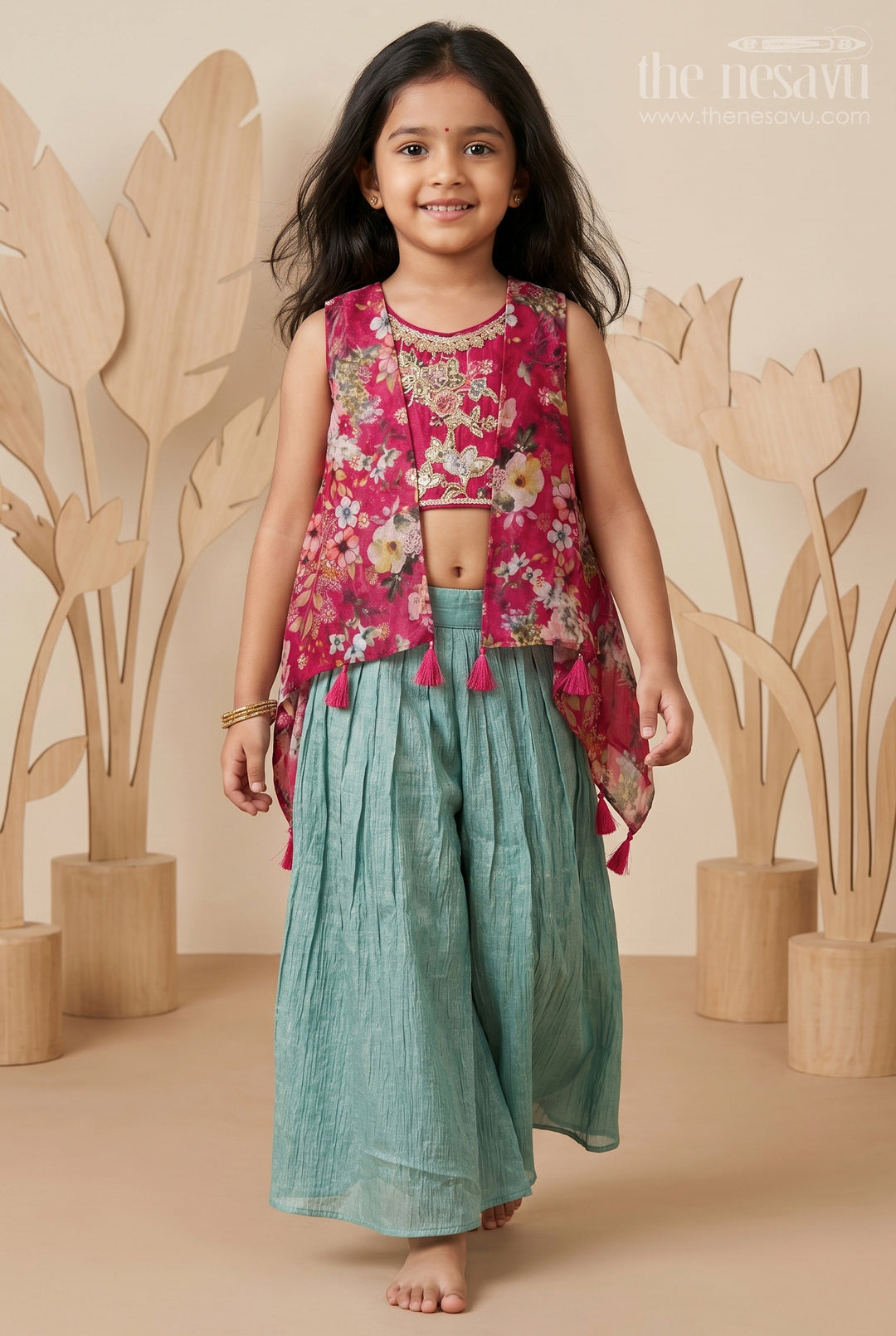 The Nesavu Girls Sharara / Plazo Set Girls Christmas Dress with Floral Printed Layered Design in Pure Georgette Nesavu 16 (1Y) / Red GPS488A-16 Nesavu Girls Christmas Dress Floral Print Layered Georgette Cape Festive Elegance