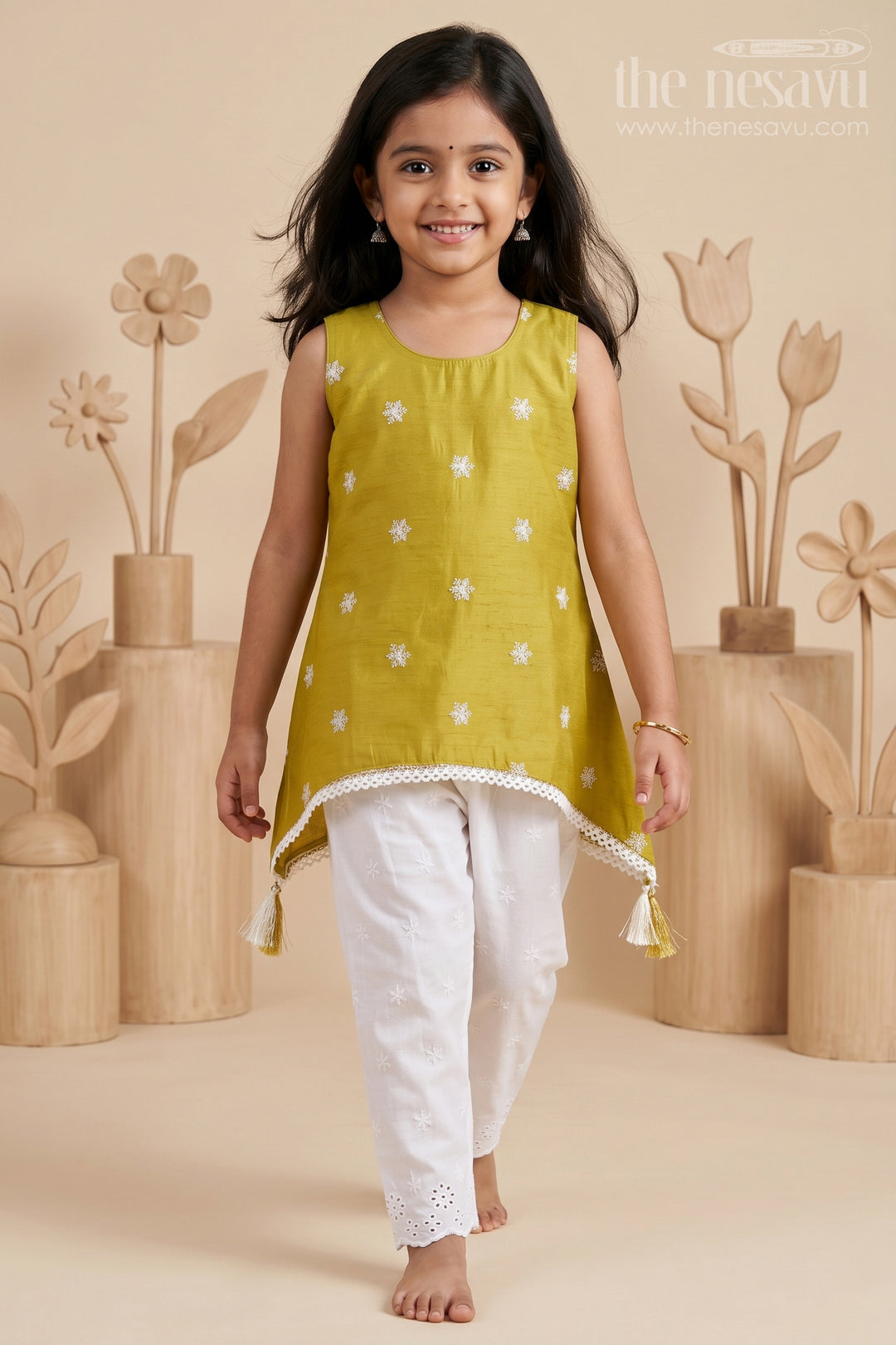 The Nesavu Girls Churidar Sets Girls Churidar Outfit for Festive Celebrations and Ethnic Wear Nesavu 18 (2Y) / Green / Crepe GPS243I-18 Nesavu Girls Crepe Cotton Churidar Outfit For Festive Wear With Embroidery And Traditional Design
