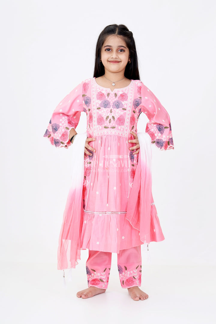The Nesavu Girls Churidar Sets Girls Churidar Plazo Set with Floral Embroidery and Flowy Dupatta for a Graceful Ethnic Look Nesavu 24 (5Y) / Pink GPS543A-24 Nesavu Girls Churidar Plazo Set Floral Embroidery Ombre Dupatta