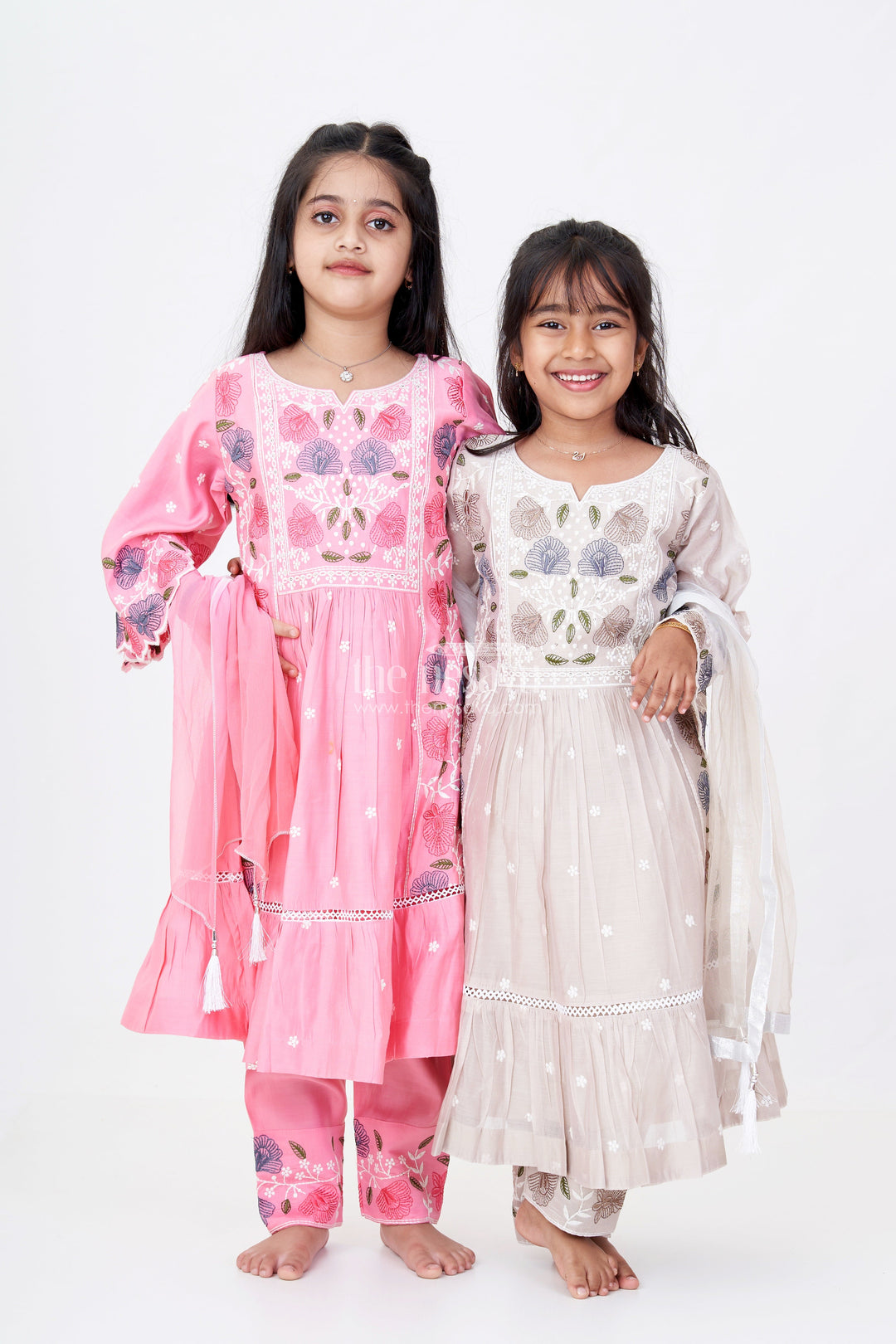 The Nesavu Girls Churidar Sets Girls Churidar Plazo Set with Floral Embroidery and Flowy Dupatta for a Graceful Ethnic Look Nesavu Nesavu Girls Churidar Plazo Set Floral Embroidery Ombre Dupatta