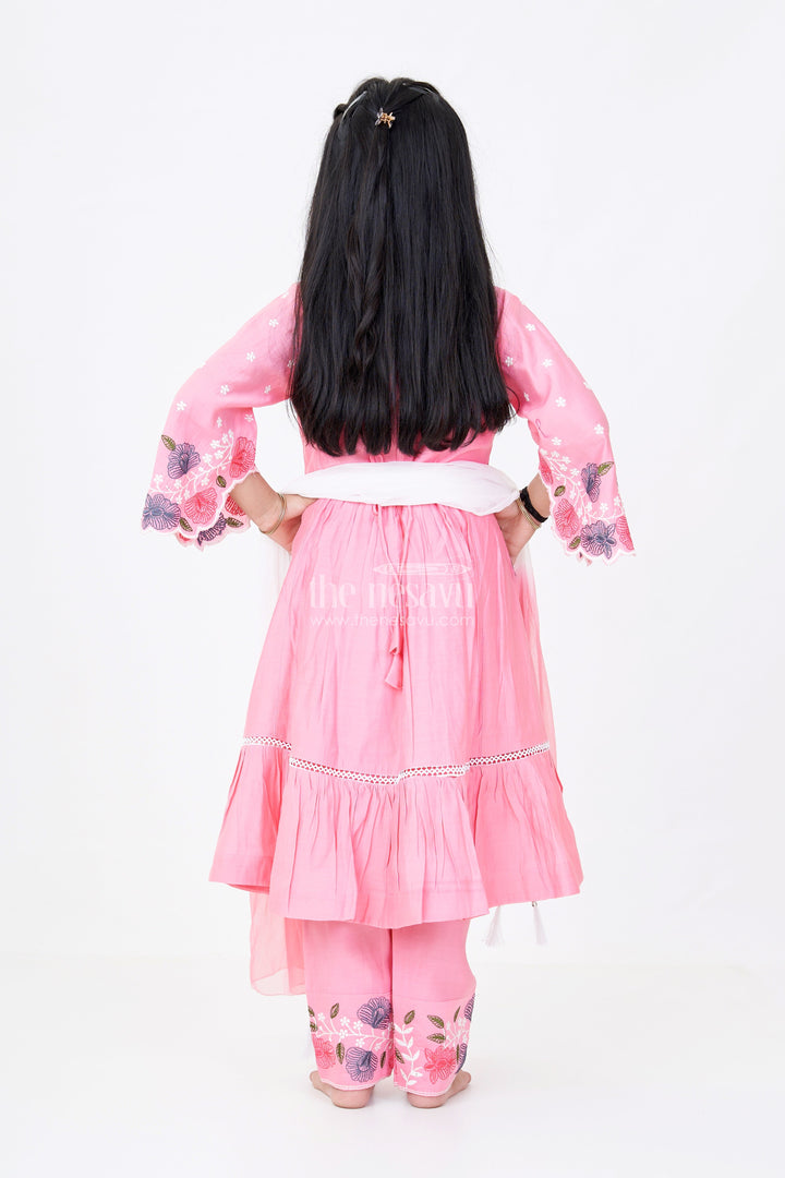 The Nesavu Girls Churidar Sets Girls Churidar Plazo Set with Floral Embroidery and Flowy Dupatta for a Graceful Ethnic Look Nesavu Nesavu Girls Churidar Plazo Set Floral Embroidery Ombre Dupatta