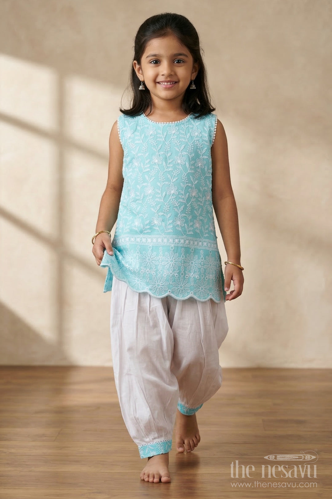 The Nesavu Girls Churidar Sets Girls Churidar Set for Festive Occasions and Family Gatherings Nesavu 16 (1Y) / Blue / Cotton GPS970A-16 Nesavu girls cotton churidar set with thread embroidery for festive wear