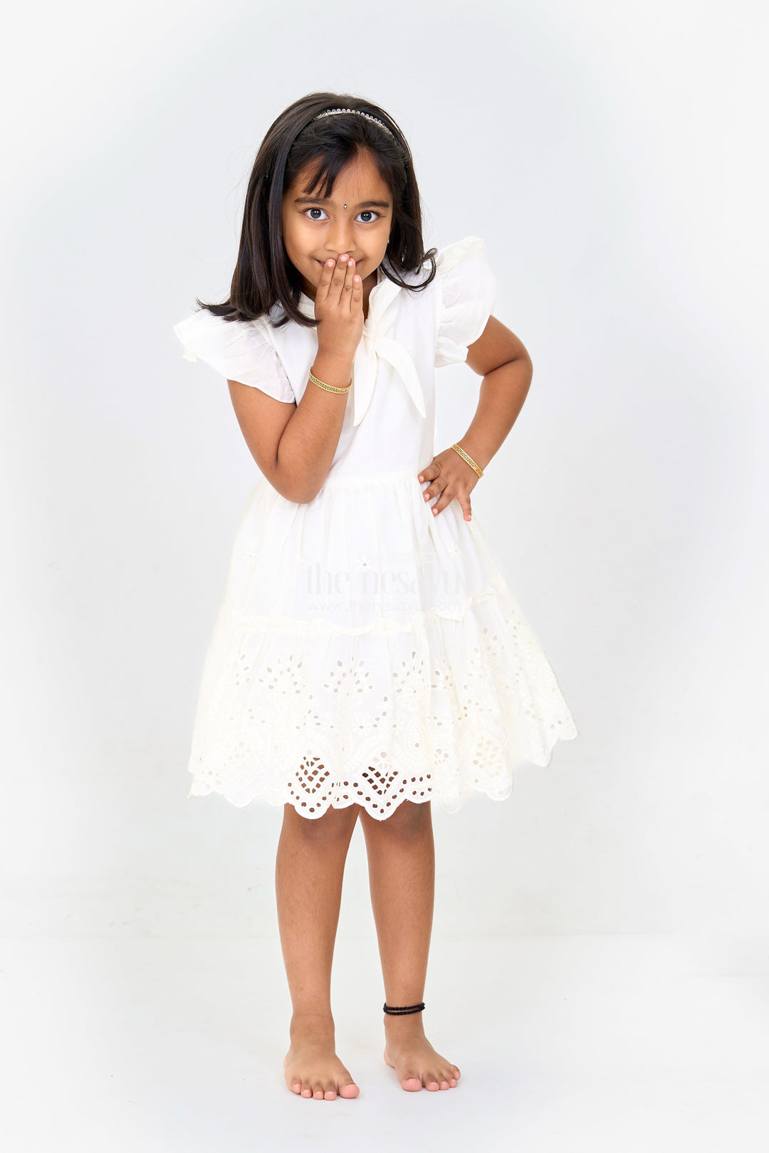 The Nesavu Girls Cotton Frock Girls Cinderella Fancy Cotton Dress with Bow and Eyelet Design Nesavu Nesavu Girls Cinderella Fancy Cotton Dress Eyelet Embroidery Bow
