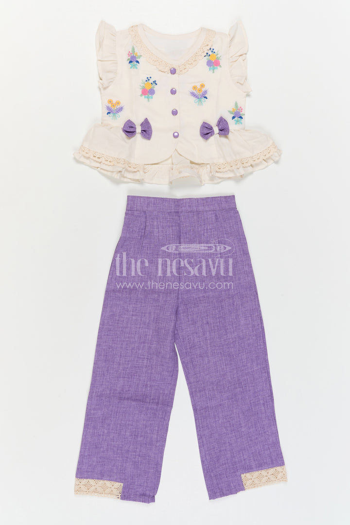 The Nesavu Girls Co-Ord Sets Girls Co Ord Outfit for Festive Occasions and Casual Wear Nesavu 24 (5Y) / Purple / Cotton GPS1060B-24 Nesavu Girls Cotton Blend Co Ord Outfit With Thread Embroidery For Festive Occasions And Daily Wear