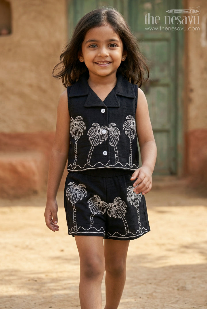 The Nesavu Girls Co-Ord Sets Girls Co Ord Outfit for Travel Days and Casual Outings Nesavu 14 (6M) / Black / Muslin Cotton GCS039B-14 Nesavu Girls Muslin Cotton Co Ord Outfit For Travel And Outings With Embroidered Palm Design