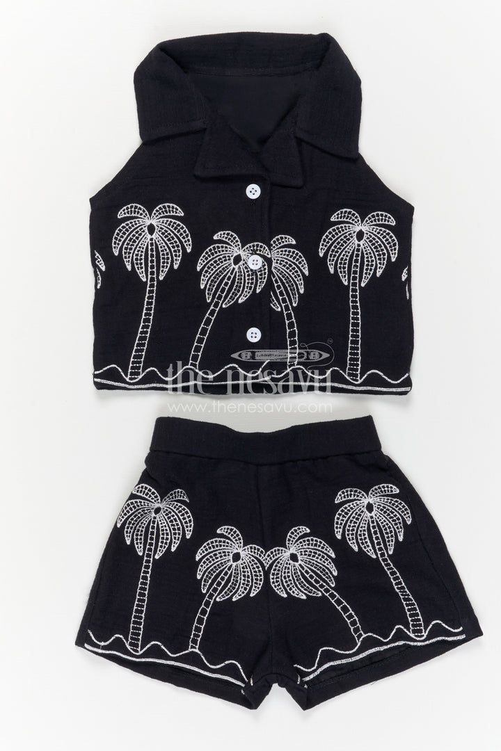 The Nesavu Girls Co-Ord Sets Girls Co Ord Outfit for Travel Days and Casual Outings Nesavu Nesavu Girls Muslin Cotton Co Ord Outfit For Travel And Outings With Embroidered Palm Design