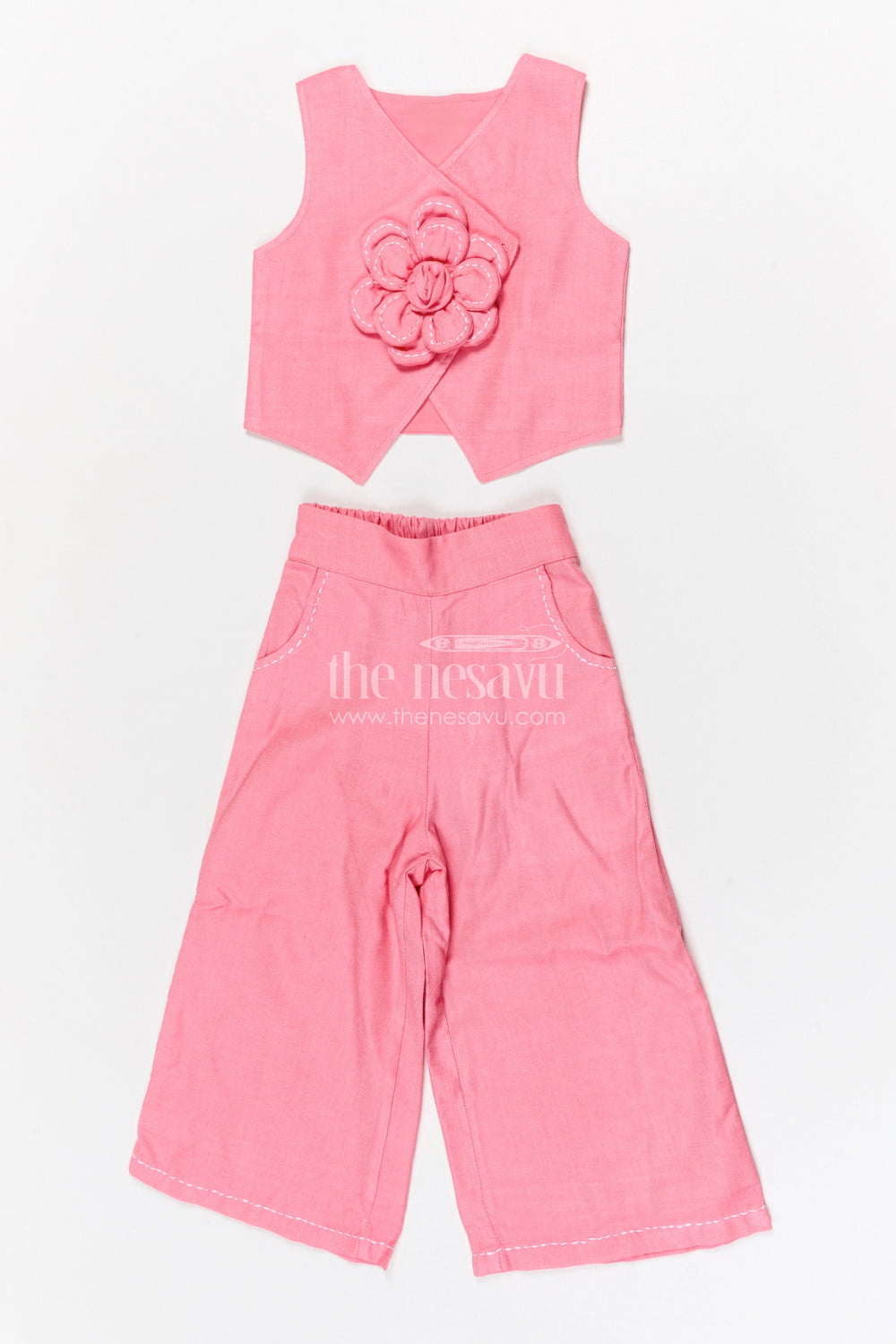 The Nesavu Girls Co-Ord Sets Girls Co Ord Set for Casual Outings and Birthday Wear Nesavu 22 (4Y) / Pink / Cotton GCS015A-22 Nesavu girls cotton co ord set with floral applique for casual wear