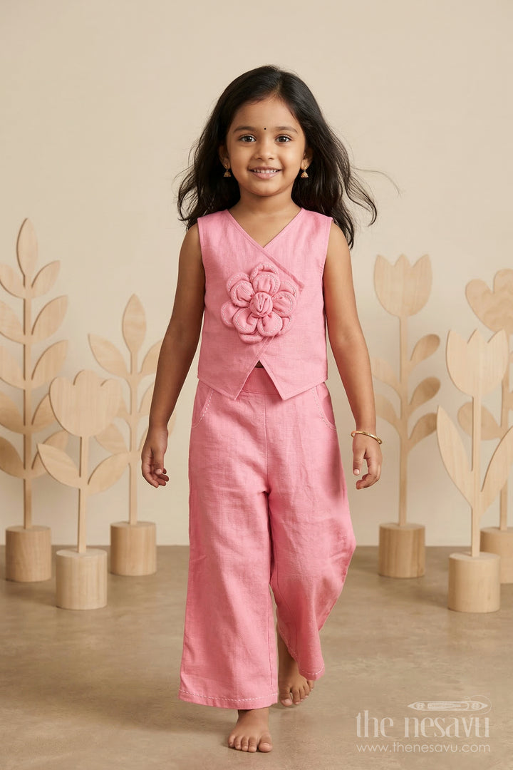 The Nesavu Girls Co-Ord Sets Girls Co Ord Set for Casual Outings and Birthday Wear Nesavu 22 (4Y) / Pink / Cotton GCS015A-22 Nesavu girls cotton co ord set with floral applique for casual wear