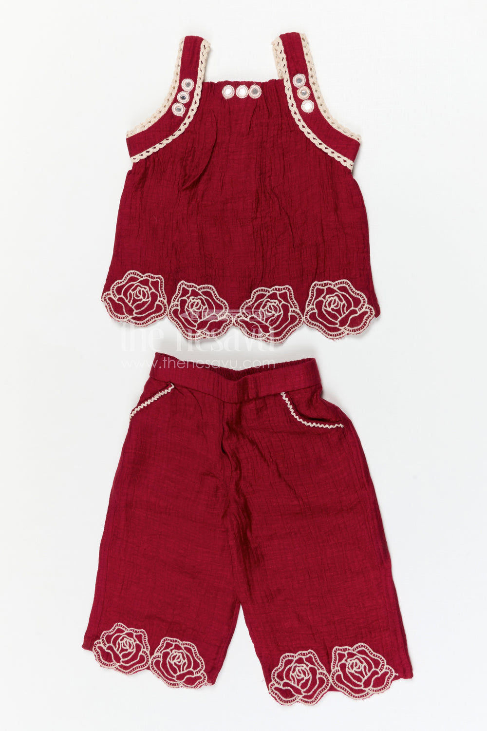 The Nesavu Girls Co-Ord Sets Girls Co Ord Set for Casual Outings and Comfortable Daily Wear Nesavu 18 (2Y) / Red / Rayon GCS037C-18 Nesavu girls co ord set for casual outings with rayon cotton fabric and thread embroidery breathable daily wear