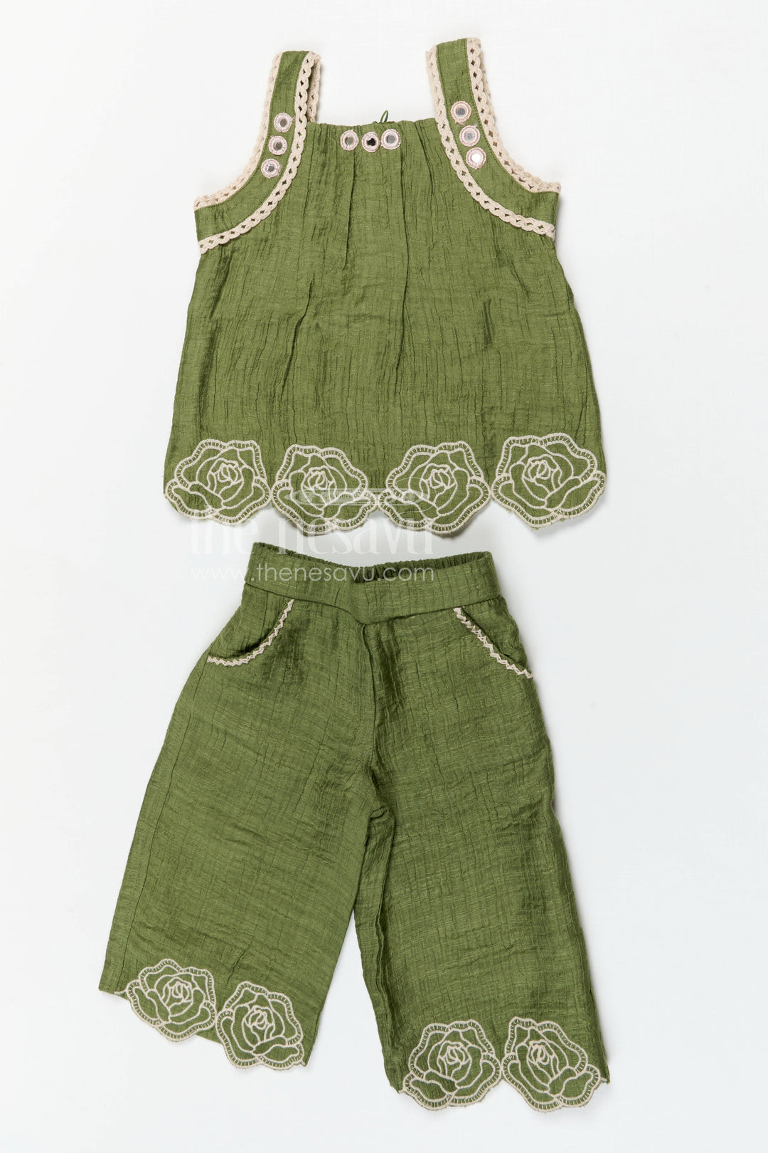 The Nesavu Girls Co-Ord Sets Girls Co Ord Set for Casual Outings and Summer Comfort Wear Nesavu 18 (2Y) / Green / Rayon GCS037A-18 Nesavu girls co ord set for casual outings with rayon cotton fabric and thread embroidery breathable summer wear