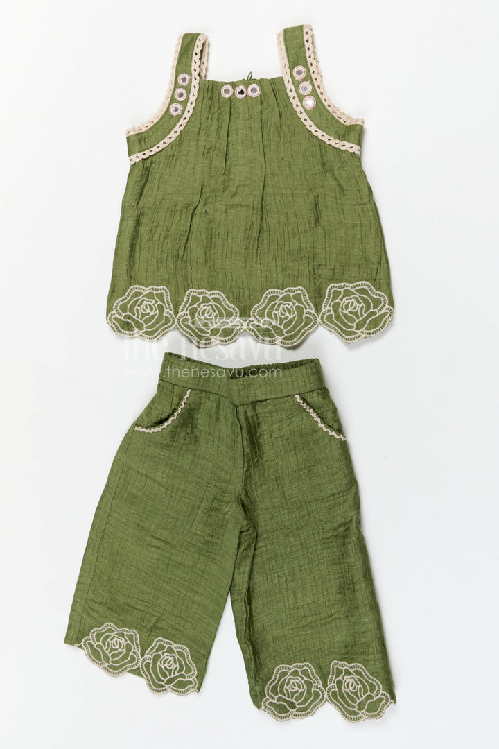 The Nesavu Girls Co-Ord Sets Girls Co Ord Set for Casual Outings and Summer Comfort Wear Nesavu 18 (2Y) / Green / Rayon GCS037A-18 Nesavu girls co ord set for casual outings with rayon cotton fabric and thread embroidery breathable summer wear
