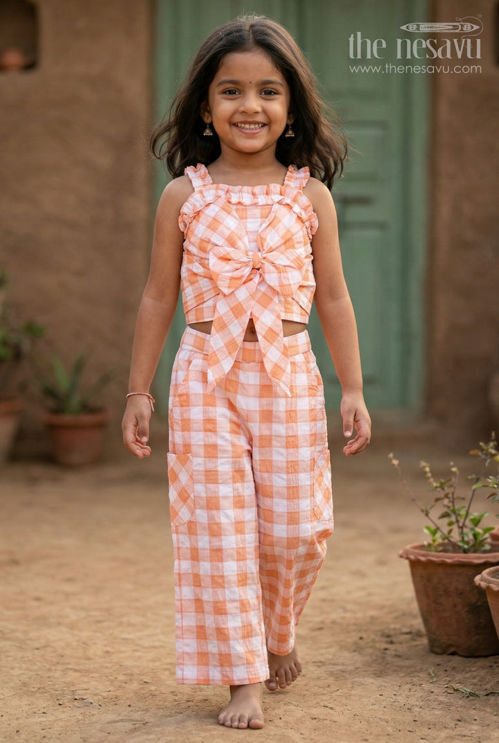 The Nesavu Girls Co-Ord Sets Girls Co Ord Set for Casual Outings and Summer Wear Nesavu 16 (1Y) / Orange / Rayon GCS038A-16 Nesavu girls co ord set for casual outings with rayon cotton stripe design breathable summer outfit