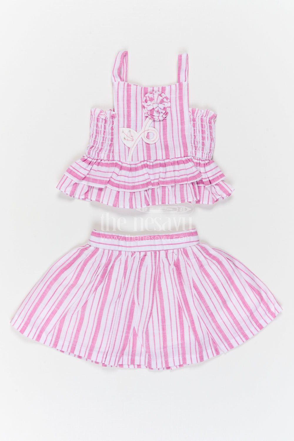 The Nesavu Girls Co-Ord Sets Girls Co Ord Set for Casual Wear and Playtime Nesavu 16 (1Y) / Pink / Cotton GCS063B-16 Nesavu Girls Cotton Co Ord Set With Striped Design For Casual Wear Sleeveless Outfit For Kids