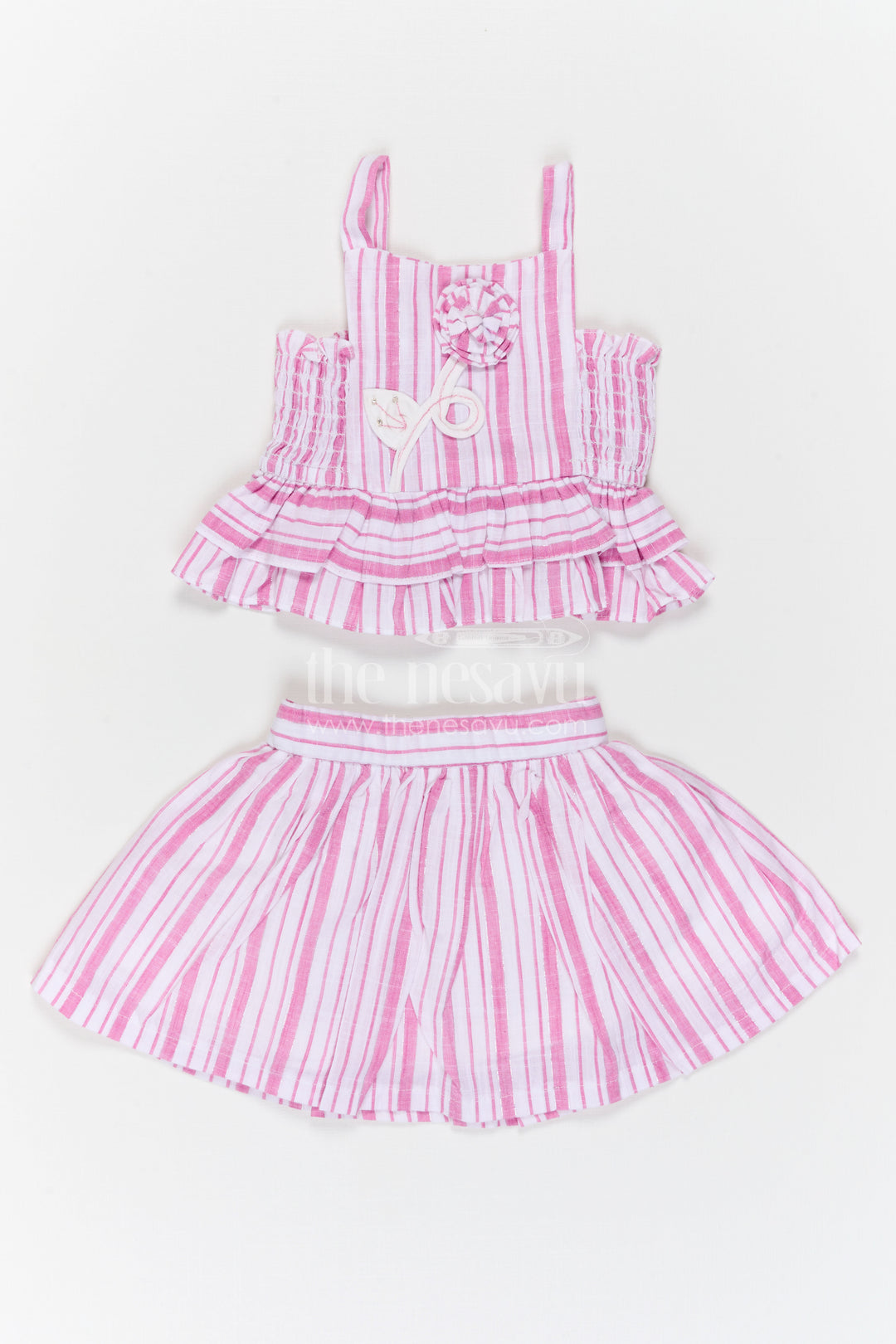 The Nesavu Girls Co-Ord Sets Girls Co Ord Set for Casual Wear and Playtime Nesavu 16 (1Y) / Pink / Cotton GCS063B-16 Nesavu Girls Cotton Co Ord Set With Striped Design For Casual Wear Sleeveless Outfit For Kids