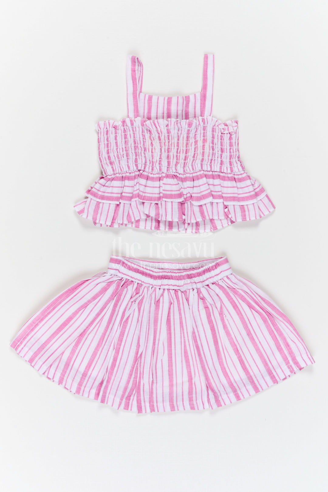 The Nesavu Girls Co-Ord Sets Girls Co Ord Set for Casual Wear and Playtime Nesavu Nesavu Girls Cotton Co Ord Set With Striped Design For Casual Wear Sleeveless Outfit For Kids